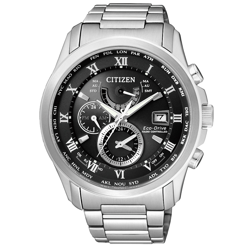 CITIZEN 霸氣世界 電波萬年曆光動能腕錶(AT9080-57E)-黑/43mm