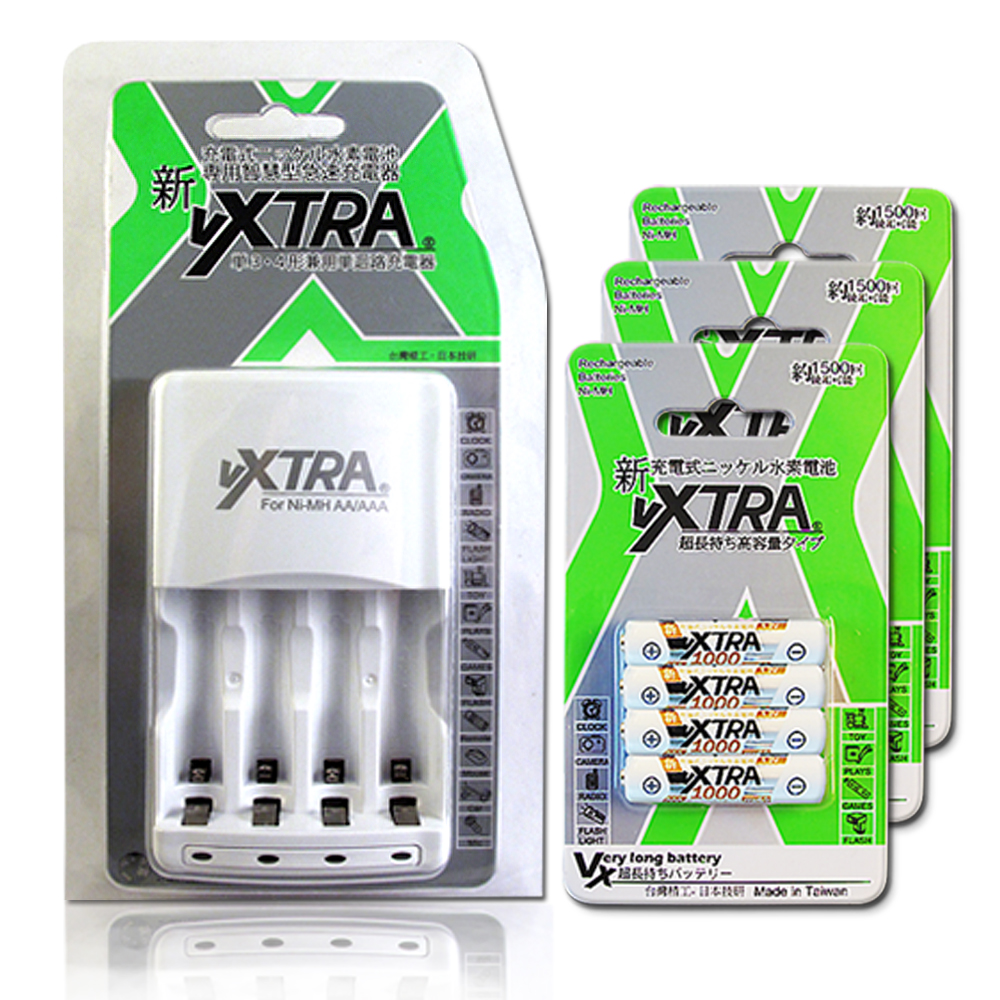 VXTRA ★4號電池低自放1000mAh 12入+智慧型充電器
