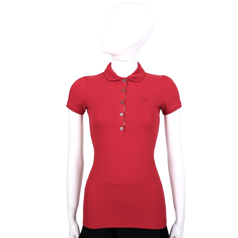 BURBERRY-紅色戰馬圖騰經典格紋飾短袖POLO衫(女)