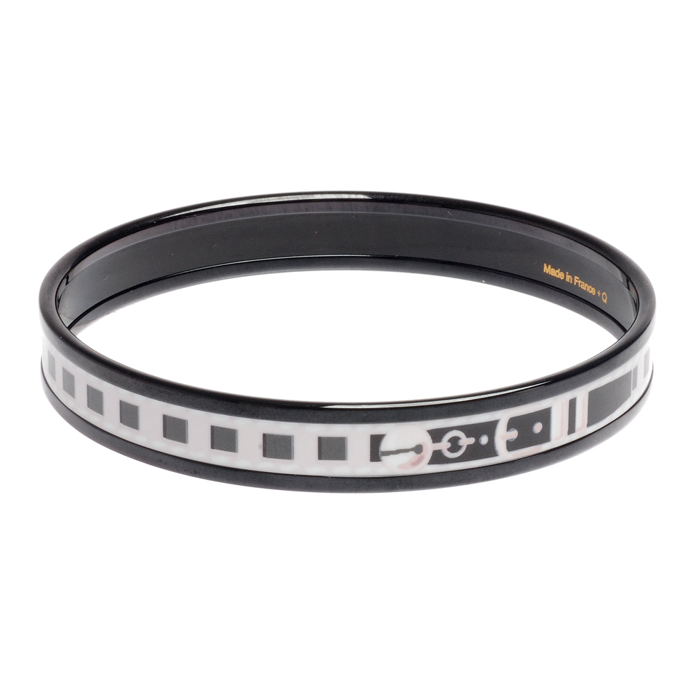 HERMES Colliers系列經典腰帶圖樣琺瑯細版手環(M-黑X白)