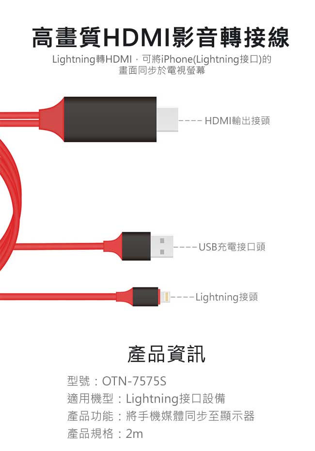 【ONTEN】Lightning轉HDMI高品質數位影音轉接線2M隨插即用(OT-7575