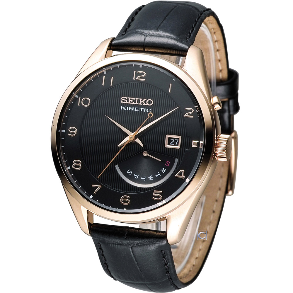 SEIKO Kinetic 簡約時尚紳士腕錶-黑x玫瑰金框/42mm