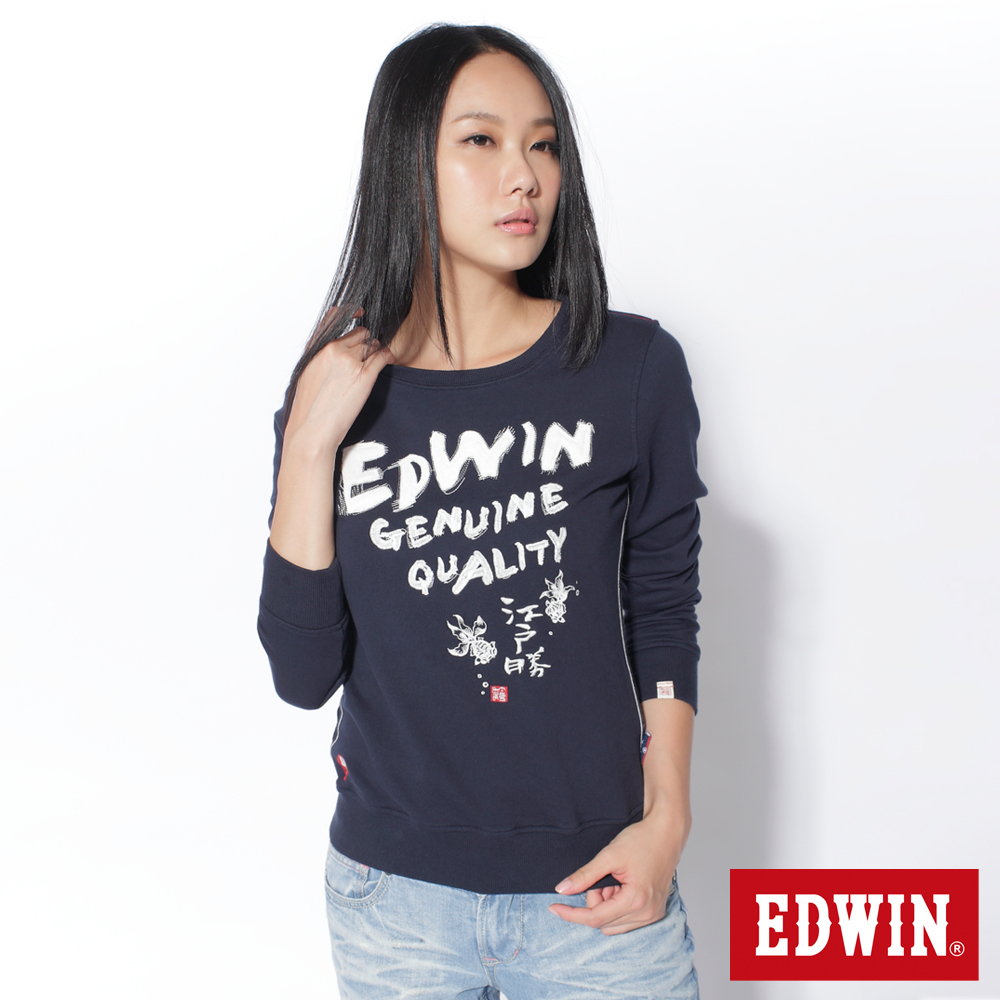 EDWIN 江戶勝限量 日系繡圖圓領長袖T恤-女款(丈青)