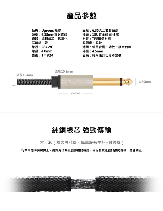 綠聯 6.35mm發燒級音源線