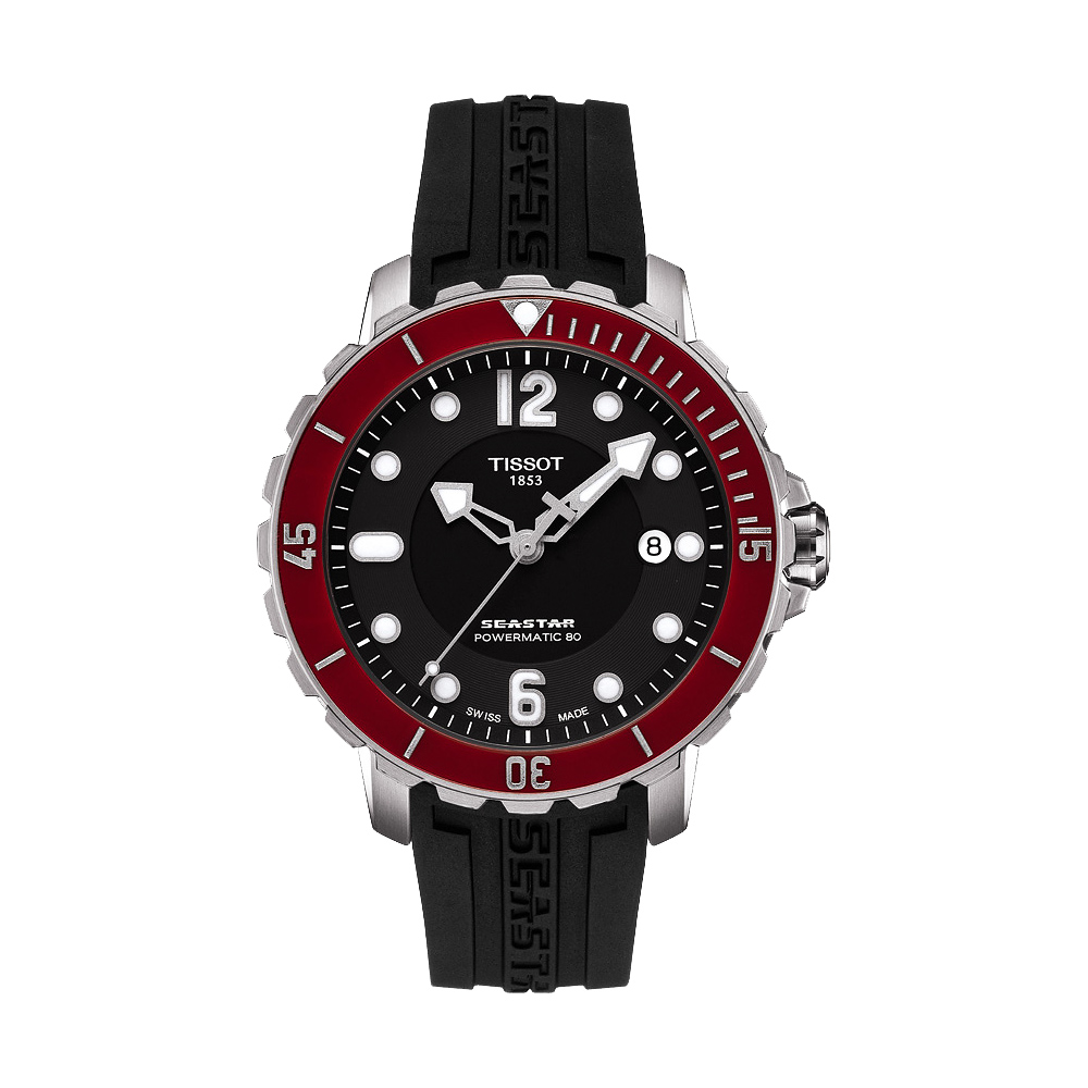 TISSOT 天梭 官方授權 Seastar 1000 海洋之星陶瓷錶圈潛水機械腕錶-黑x紅圈/42mm