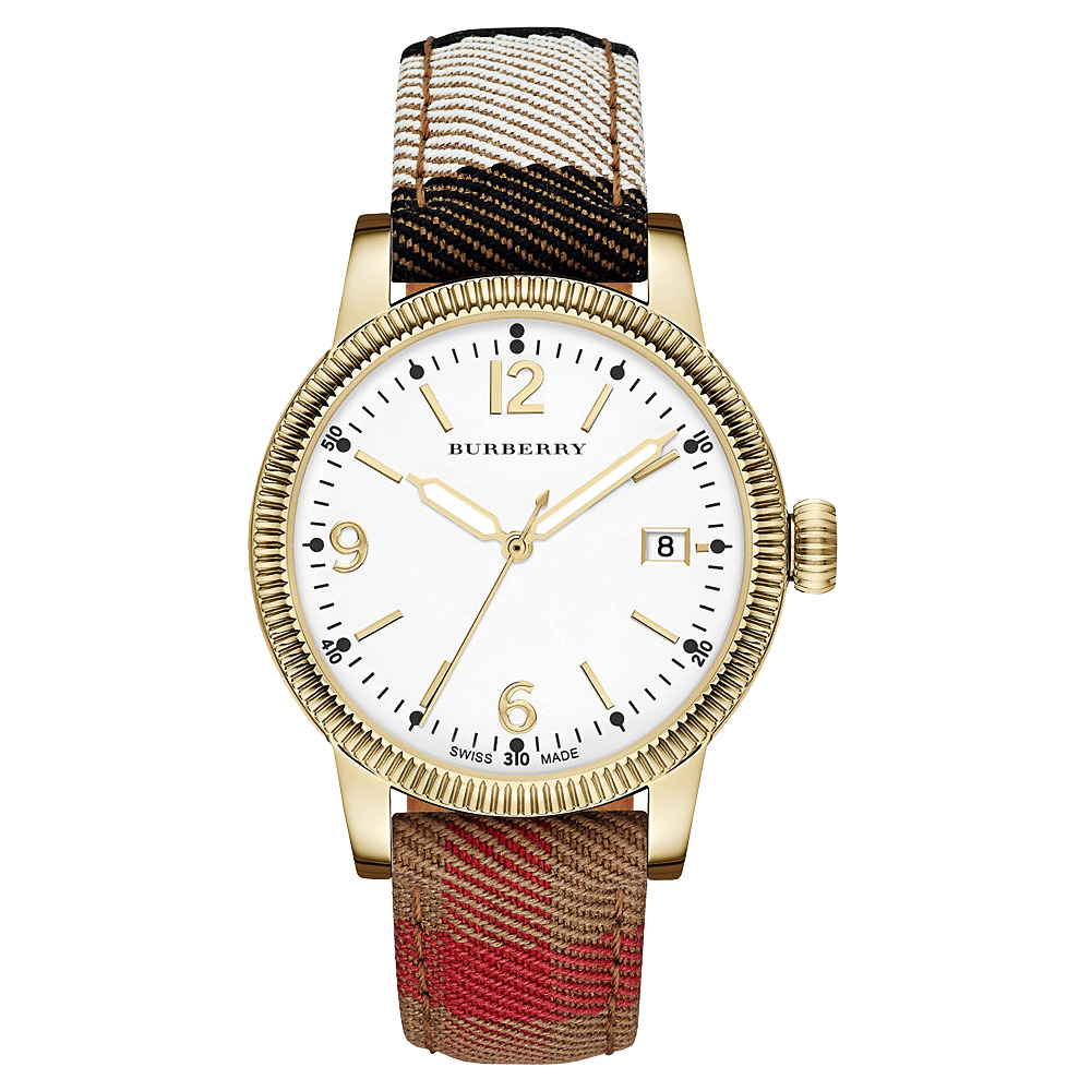 BURBERRY Utilitarian 系列時尚腕錶-金框x格紋錶帶/38mm