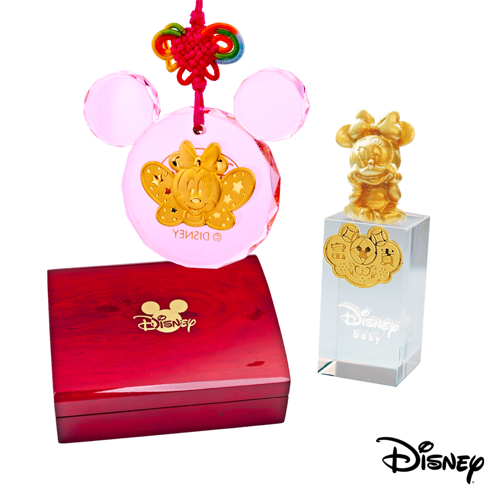 Disney迪士尼金飾 金祝福美妮黃金/水晶鎖片+美妮水晶印章木盒