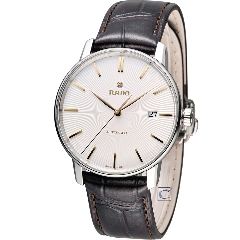 RADO 雷達錶 官方授權(R02) Coupole 系列 經典時尚機械腕錶-銀x玫瑰金/皮帶/38mm