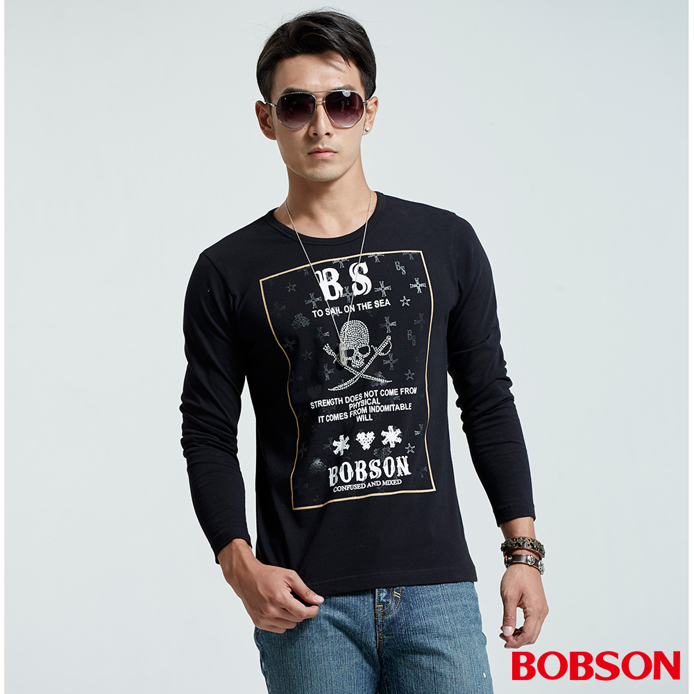 BOBSON  男款圓領骷髏印圖黑色上衣