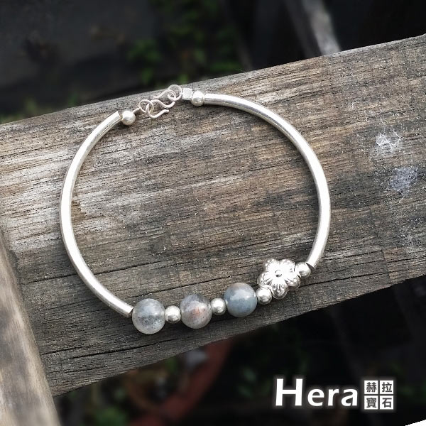 Hera 925純銀手作天然拉長石圓珠梅花手環/手鍊