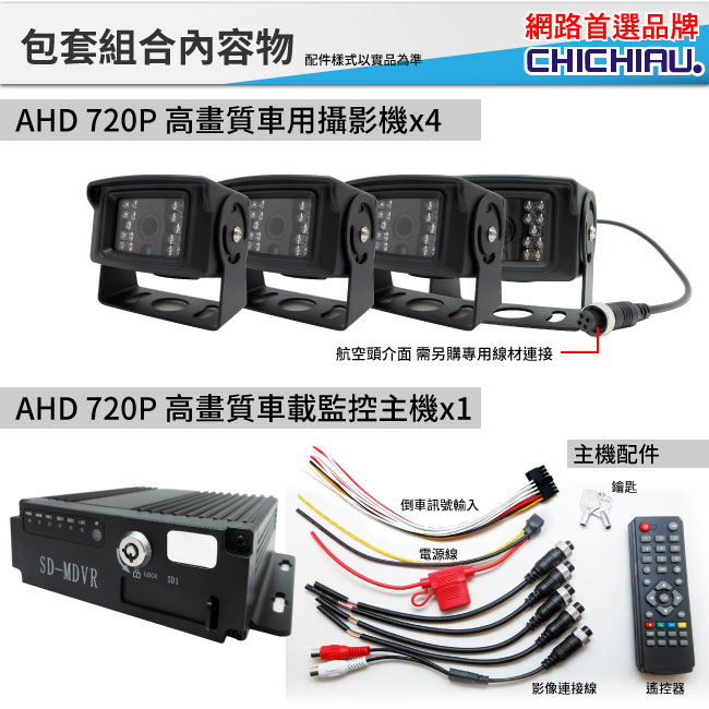 【CHICHIAU】4路AHD 720P 數位車載防震監控錄影組(含720P車用鏡頭x4)