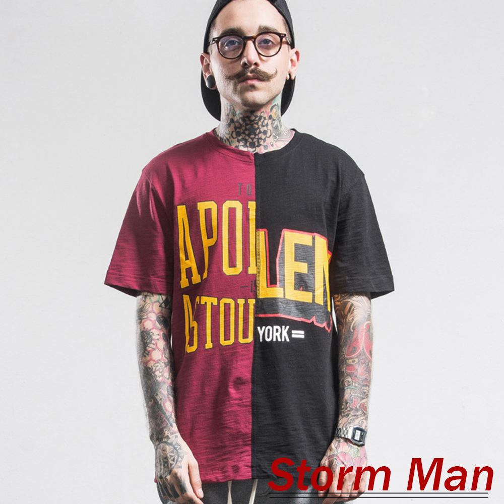 美式字母印花拼接配色短袖上衣 (紅+黑)-Storm Man