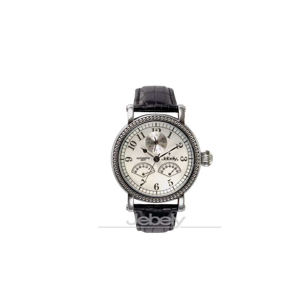 Jebely瑞士機械錶-盧加諾特區系列-雙扇造型飛返式秒針機械錶-白/黑皮帶/41mm