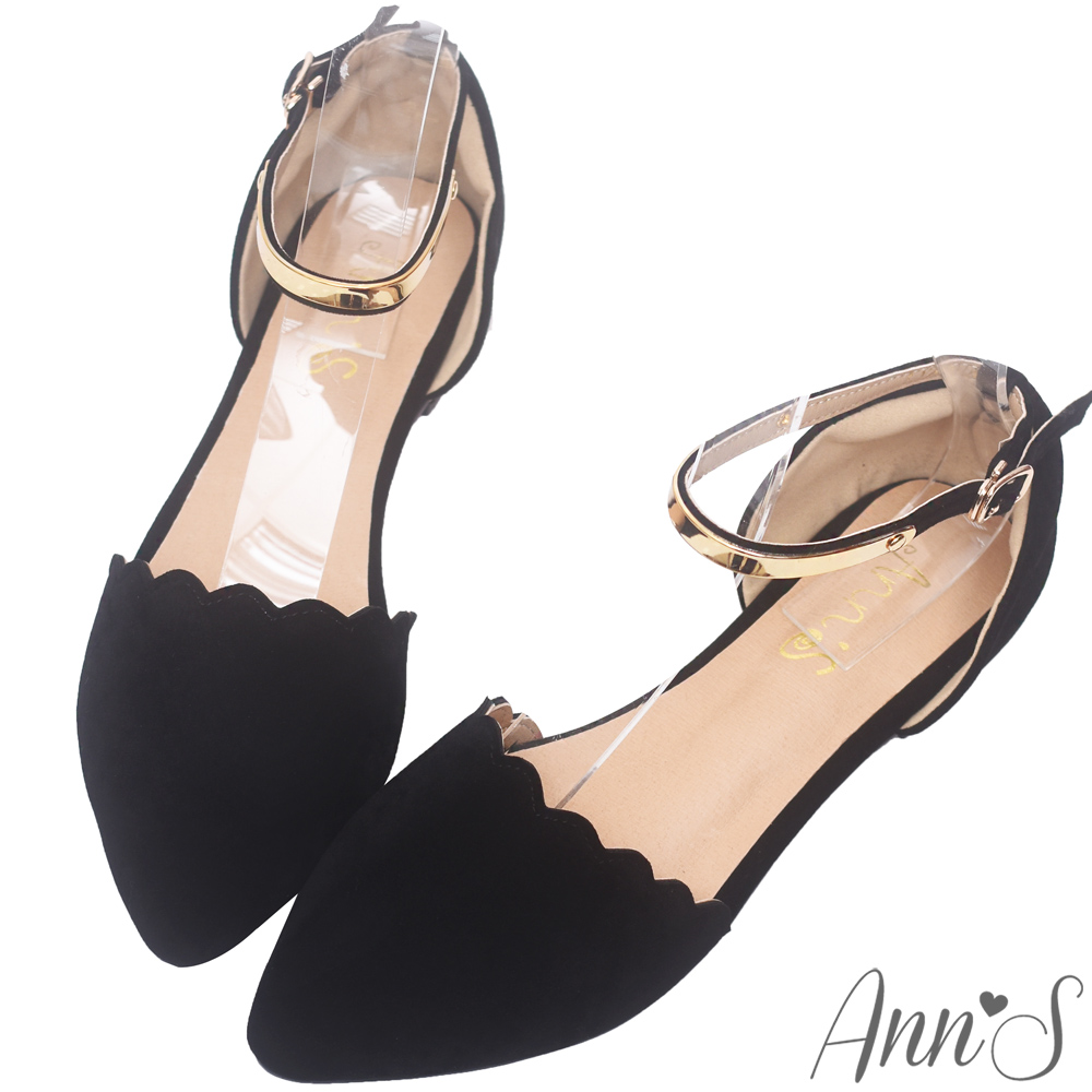 Ann’S惹人憐愛-軟金屬繞踝優雅滾邊平底尖頭鞋-黑