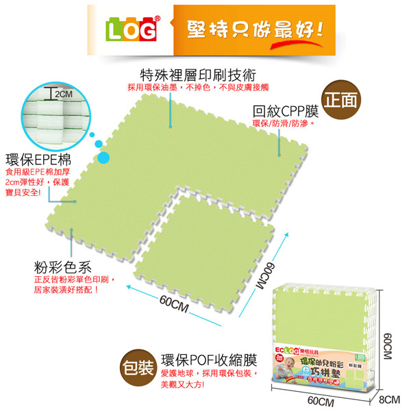 LOG樂格 環保無毒EPE粉彩巧拼墊 -田原綠 (60X60cmX厚2cmX4片)