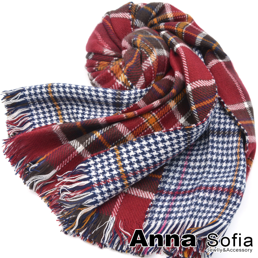 AnnaSofia 蘇格蘭雙面 毛料鬚邊圍巾(紅咖格)