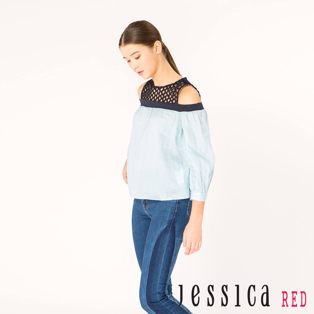 JESSICA RED - 氣質幾何簍空造型上衣（藍）