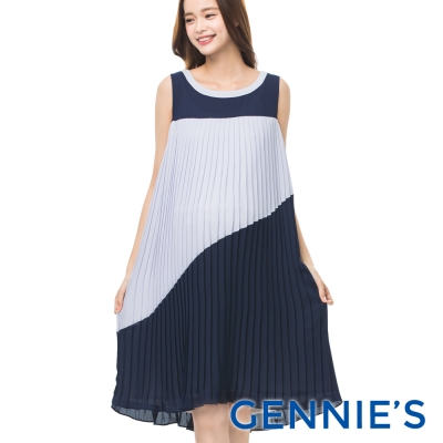 Gennies專櫃-皺褶雪紡飄逸洋裝-(C1B03-藍紫色)-M