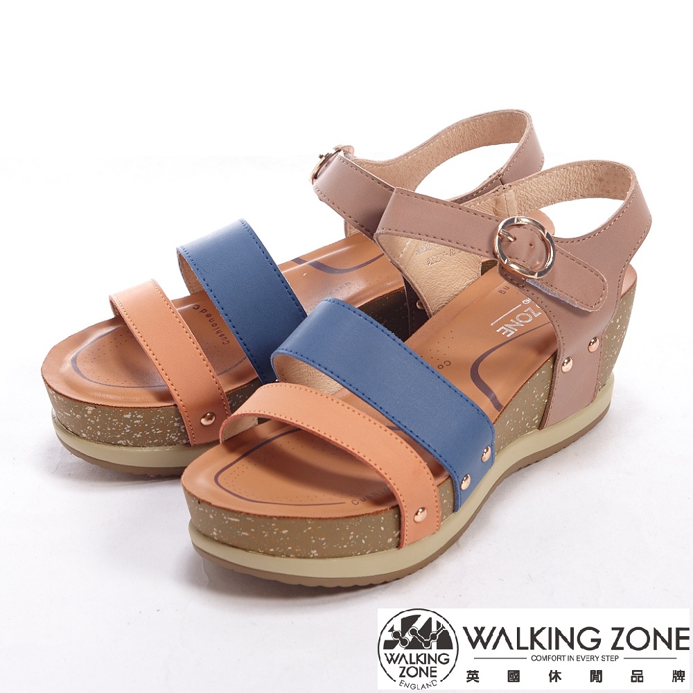 WALKING ZONE 三色搭配扣環式楔形厚底涼鞋-藍