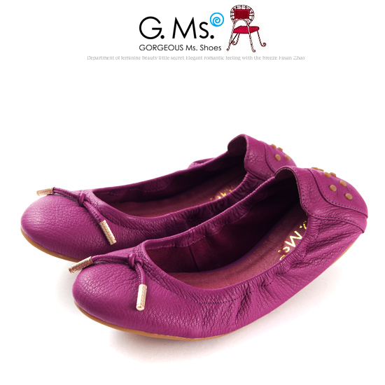G.Ms. 輕旅行-全真皮單結蝴蝶結折疊豆豆鞋-葡萄紫