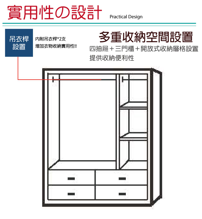 品家居 海瑟威3.8尺橡木紋三門四抽衣櫃-113.5x53x178cm免組