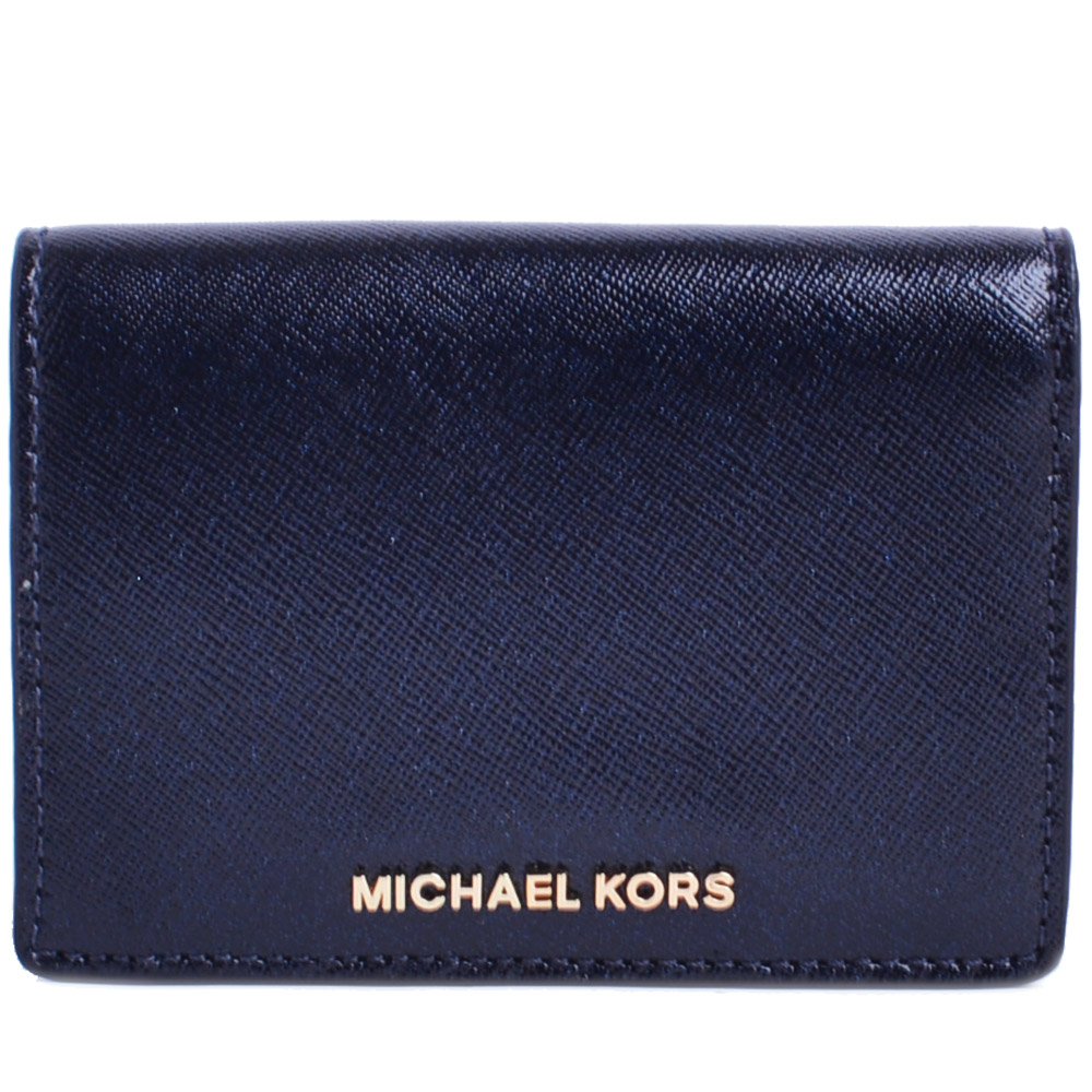 MICHAEL KORS Jet Set 金LOGO珠光防刮皮革釦式短夾-深藍