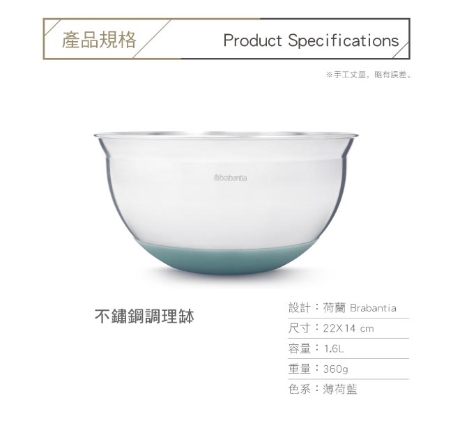 Brabantia 不鏽鋼調理缽1.6L-薄荷藍