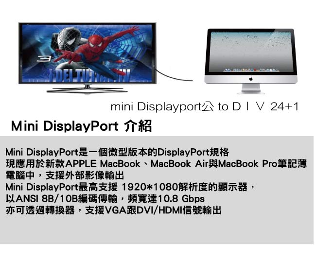 Bravo-u Mini DisplayPort公 對 DVI24+1 Pin公 視頻轉接