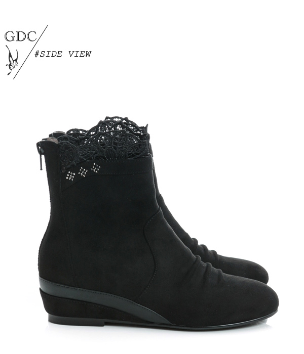 GDC個性-蕾絲絨布面真皮楔型短靴-黑色