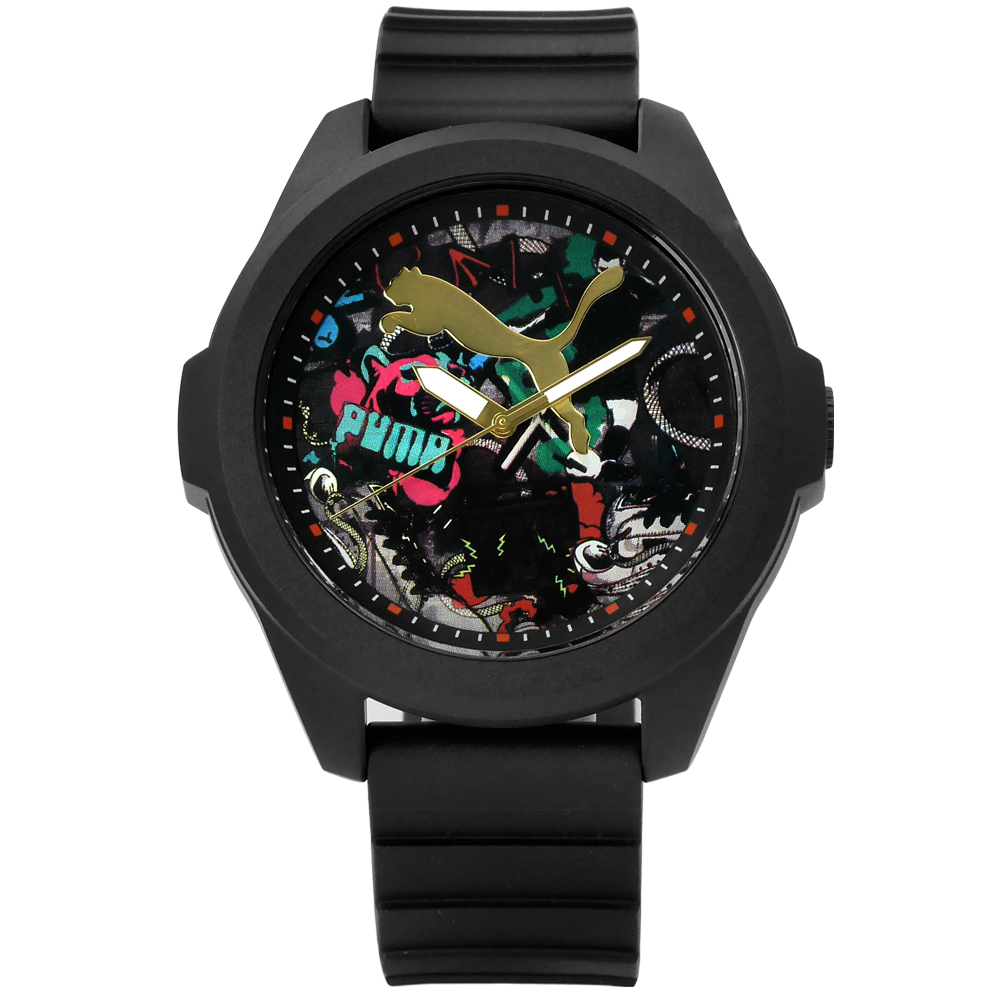PUMA PU911311007 陽光潮流休閒運動橡膠手錶-黑色/49mm