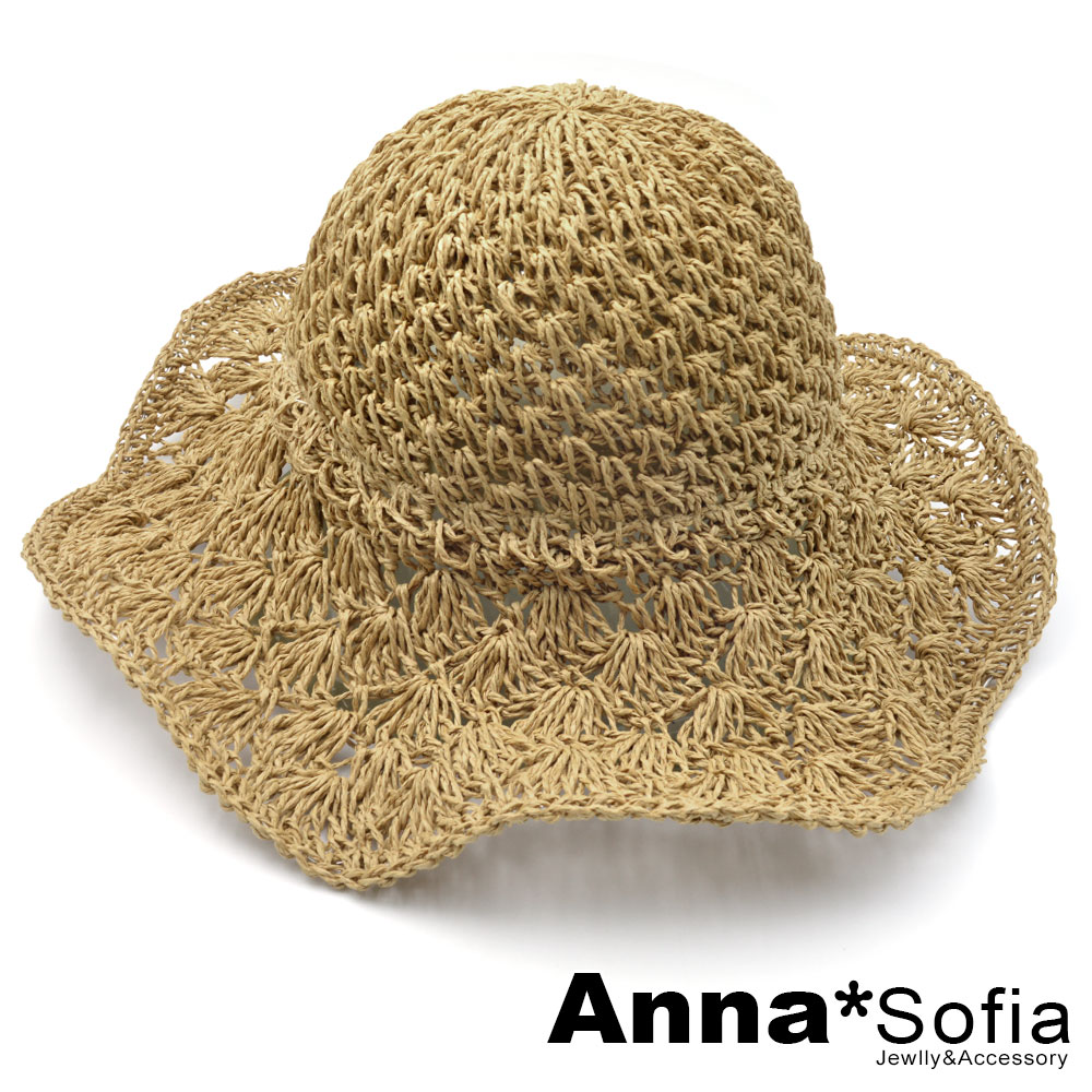 AnnaSofia 扇型鏤洞手工編簷 寬簷防曬遮陽草帽淑女帽(駝系)