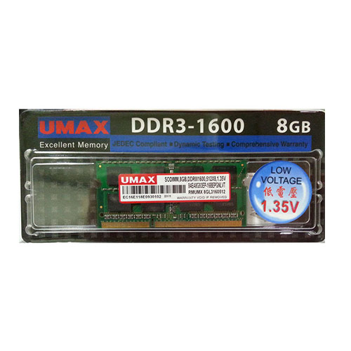 UMAX DDR3-1600 8GB (1.35V低電壓) 筆記型記憶體| 筆記型DDR3