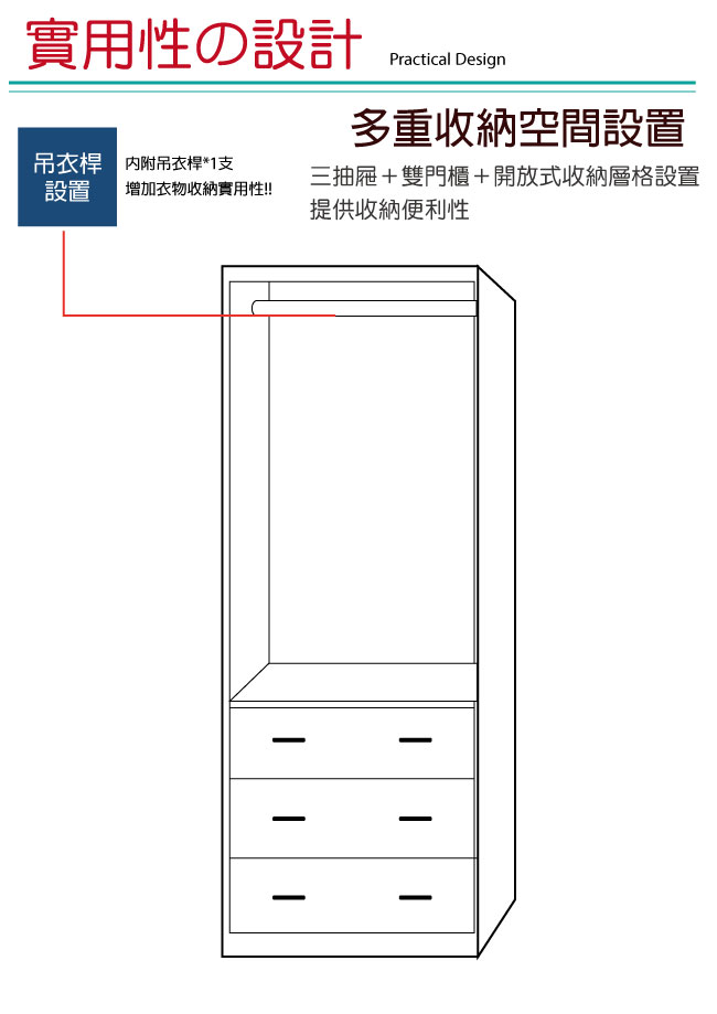 品家居 菲莉2.7尺二門三抽衣櫃(二色可選)-82x56x197cm免組