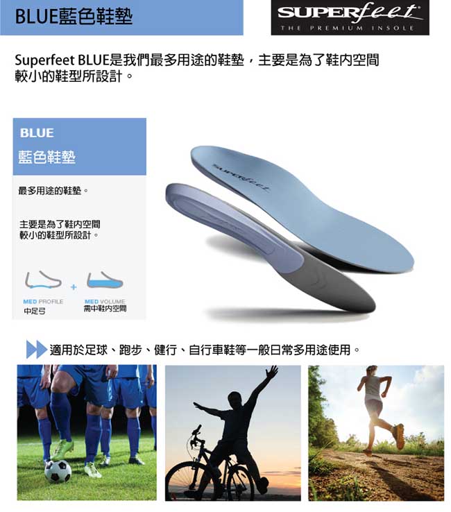 【美國SUPERfeet】健康慢跑多用途抑菌足弓鞋墊-藍色