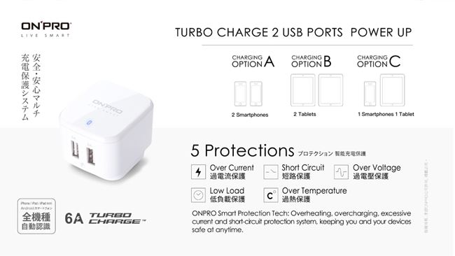 ONPRO UC-HS6A2P 6A快充雙USB急速充電器