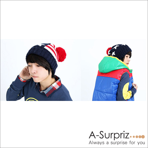 A-Surpriz 韓風星光條紋球球毛線帽(熱力紅)