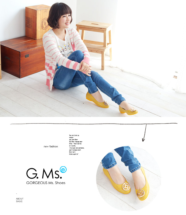 G.Ms. 金屬圓釦全真皮微坡跟娃娃鞋-心動黃