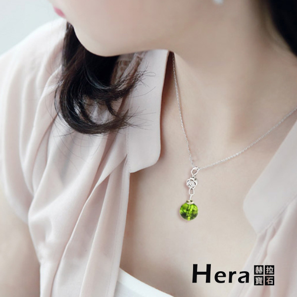 Hera 925純銀手作天然橄欖石花朵項鍊/鎖骨鍊