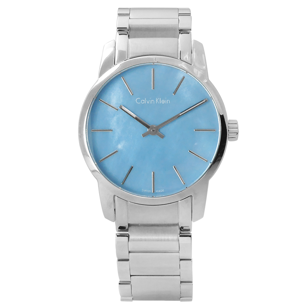 CK 都會女伶鏡面不鏽鋼腕錶-水藍色/31mm