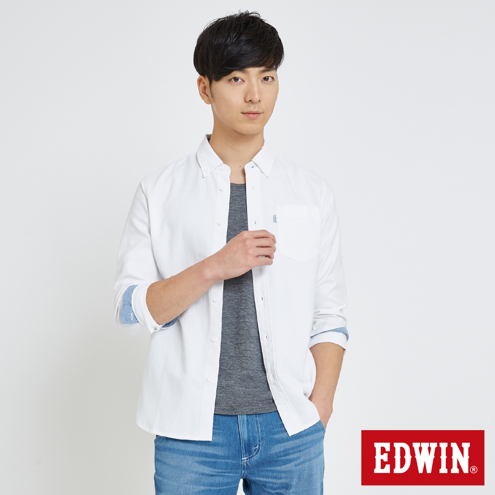 EDWIN 貼袋基本休閒襯衫-男-白色