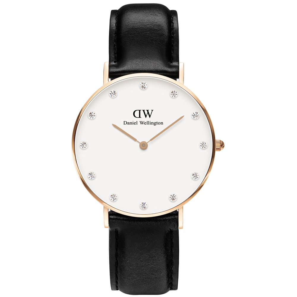 DW Daniel Wellington 優雅完美晶鑽真皮腕錶-白x玫瑰金框x黑/34mm