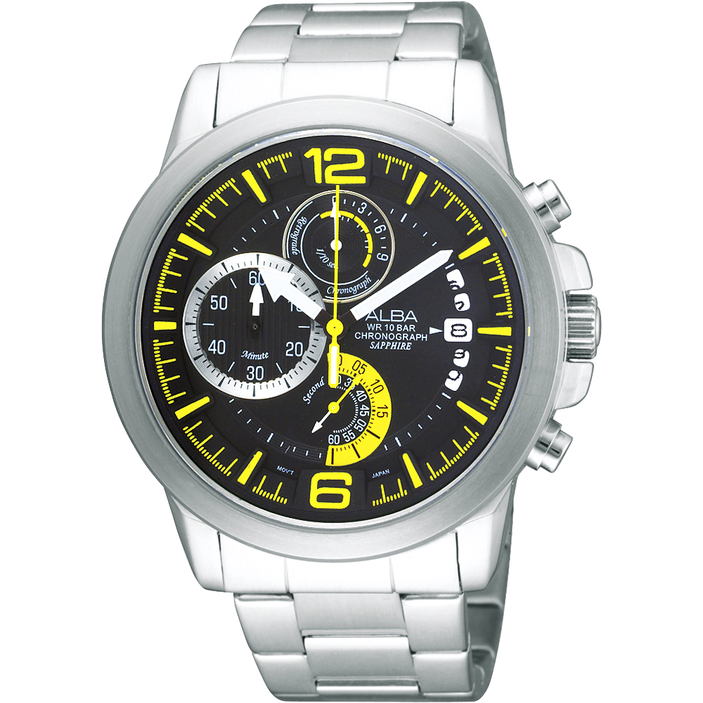 ALBA ACTIVE 街頭時尚計時腕錶 送禮推薦-黑/黃時標/44mm (AS6063X)