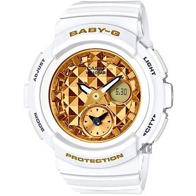 CASIO卡西歐 Baby-G 鉚釘時尚兩地時間錶 送禮推薦-香檳金x白/48mm BGA-195M-7ADR