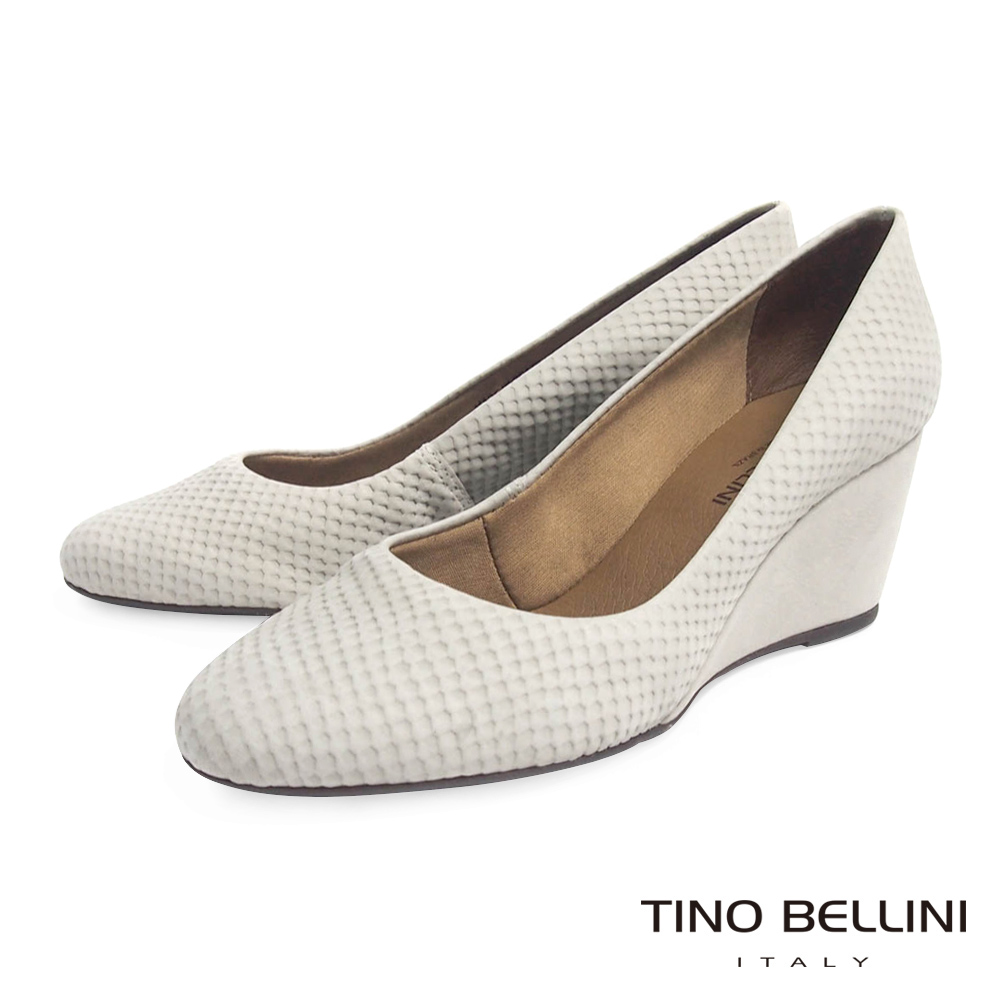 Tino Bellini 巴西真皮立體蛇紋壓紋楔型鞋_灰白