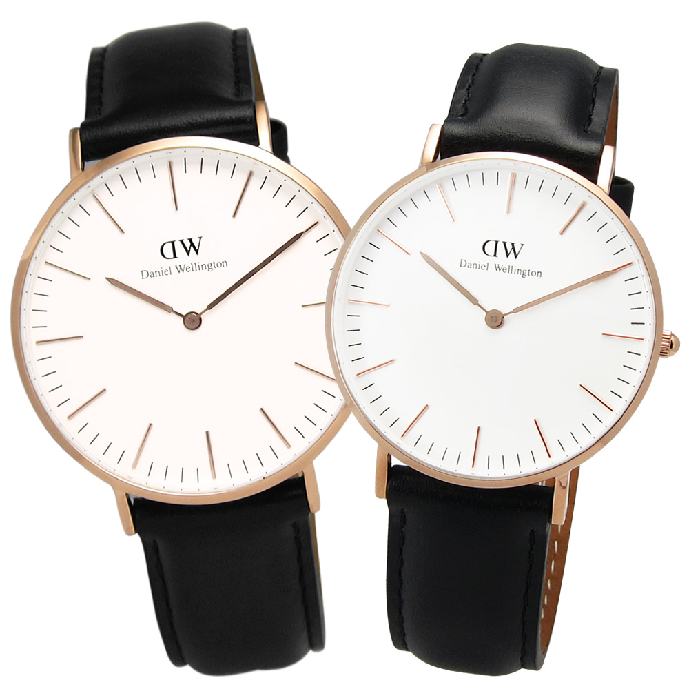 DW Daniel Wellington 雋永之美皮革對錶-白x黑/40mm+36mm