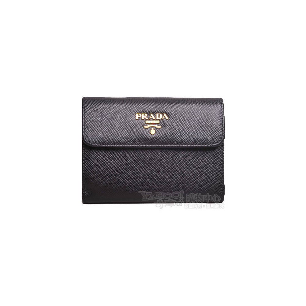 PRADA SAFFIANO MATEL LOGO 防刮皮革釦式零錢中夾(黑)