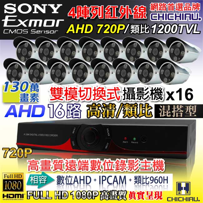 奇巧 16路AHD高清遠端監控套組(雙模切換SONY四陣列130萬攝影機x16)