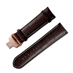 Watchband 經典復刻時尚指標壓紋真皮雙邊壓扣錶帶 棕x白x玫瑰金扣