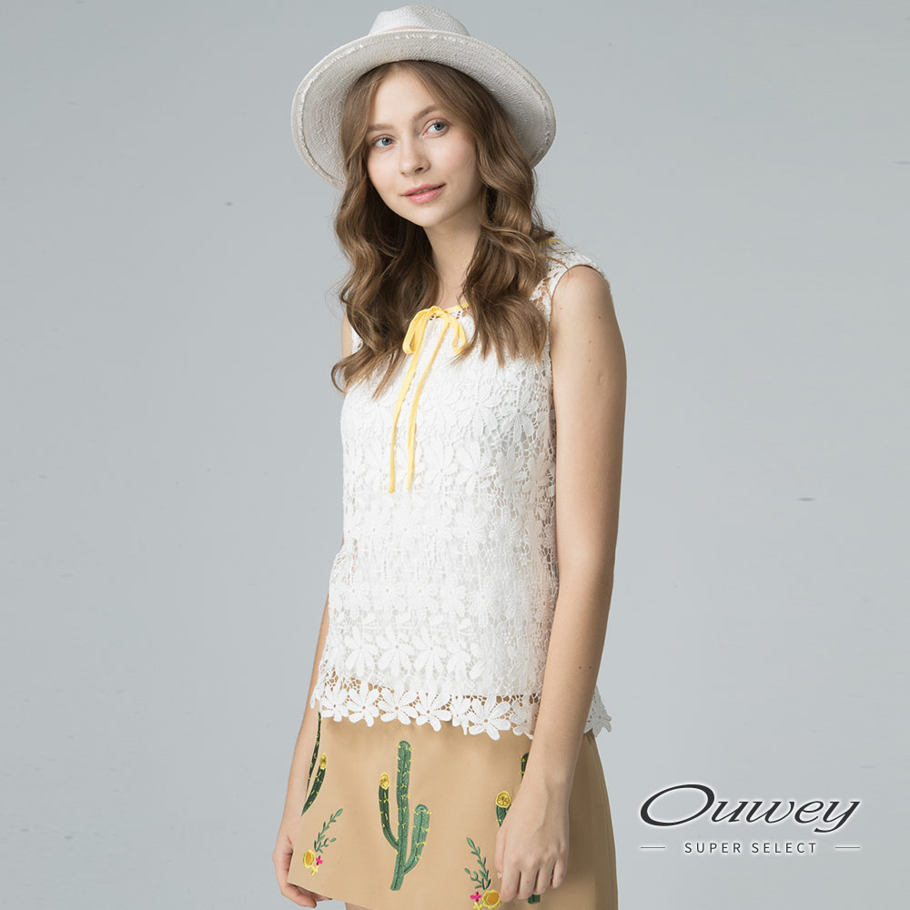 OUWEY歐薇 甜美縷空蕾絲兩件式上衣(白)