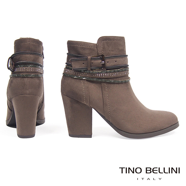 Tino Bellini 視覺焦點混搭釦帶高跟短靴_駝灰